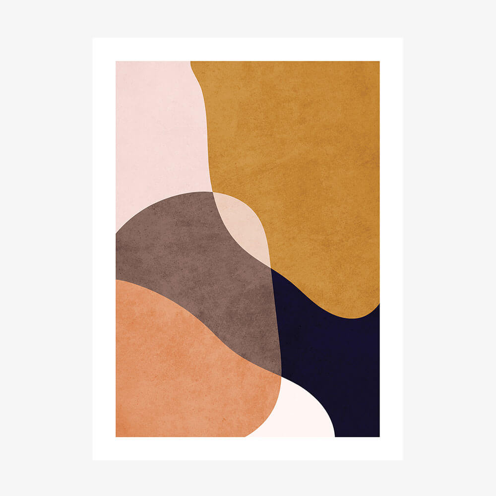 This image features an abstract art piece, titled "Haymarket." The artwork poster is characterized by a serene and minimalist aesthetic, with a palette of soft earth tones including beige, navy blue, and terracotta.