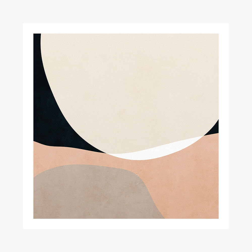 This image features a minimalist art piece titled "Henry 1". It consists of an abstract composition in soft tones, with large shapes in black, white, and beige.