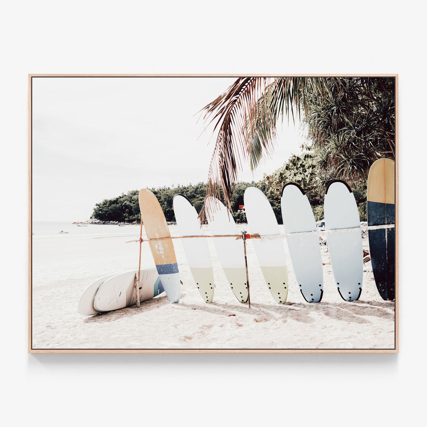 Island Surf Canvas wall art with oak float frame. Surfboards on the beach wall art print
