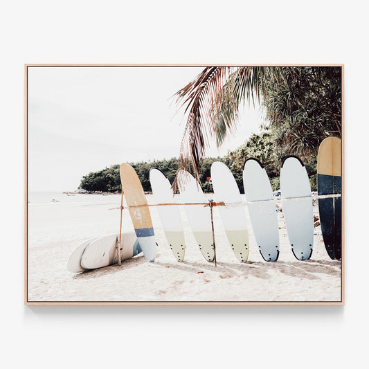 Island Surf Canvas wall art with oak float frame. Surfboards on the beach wall art print