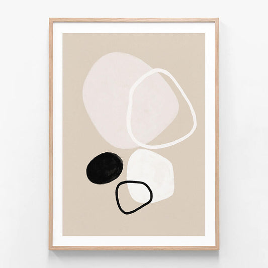 A minimalist framed artwork featuring abstract shapes in beige, black, and white colors.