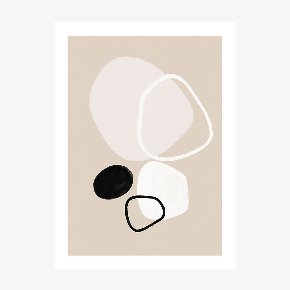 A minimalist artwork featuring abstract shapes in beige, black, and white colors.