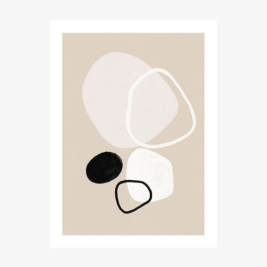 A minimalist artwork featuring abstract shapes in beige, black, and white colors.
