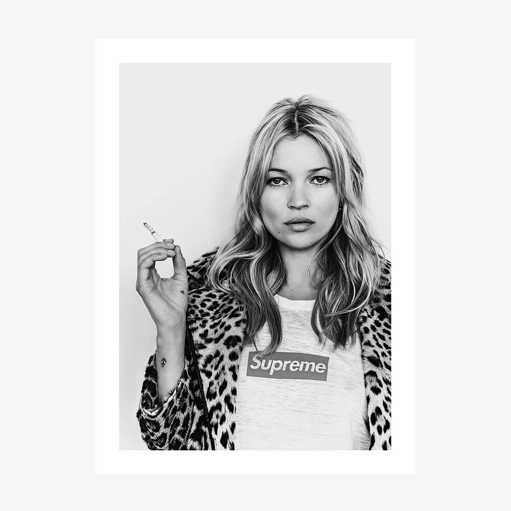 A black and white photo art print of Kate Moss wearing a Supreme T-shirt 
