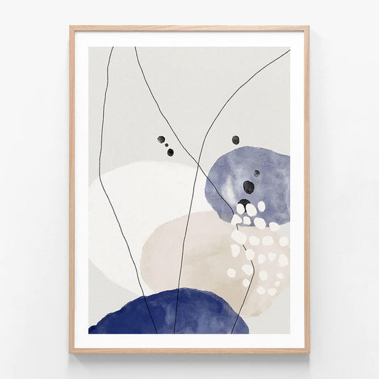 This image features a framed abstract art print named "Larsen," showcasing a minimalist design with a serene and modern aesthetic. The artwork combines soft blue and white hues with delicate line work and dot details, creating a tranquil and minimalist atmosphere.