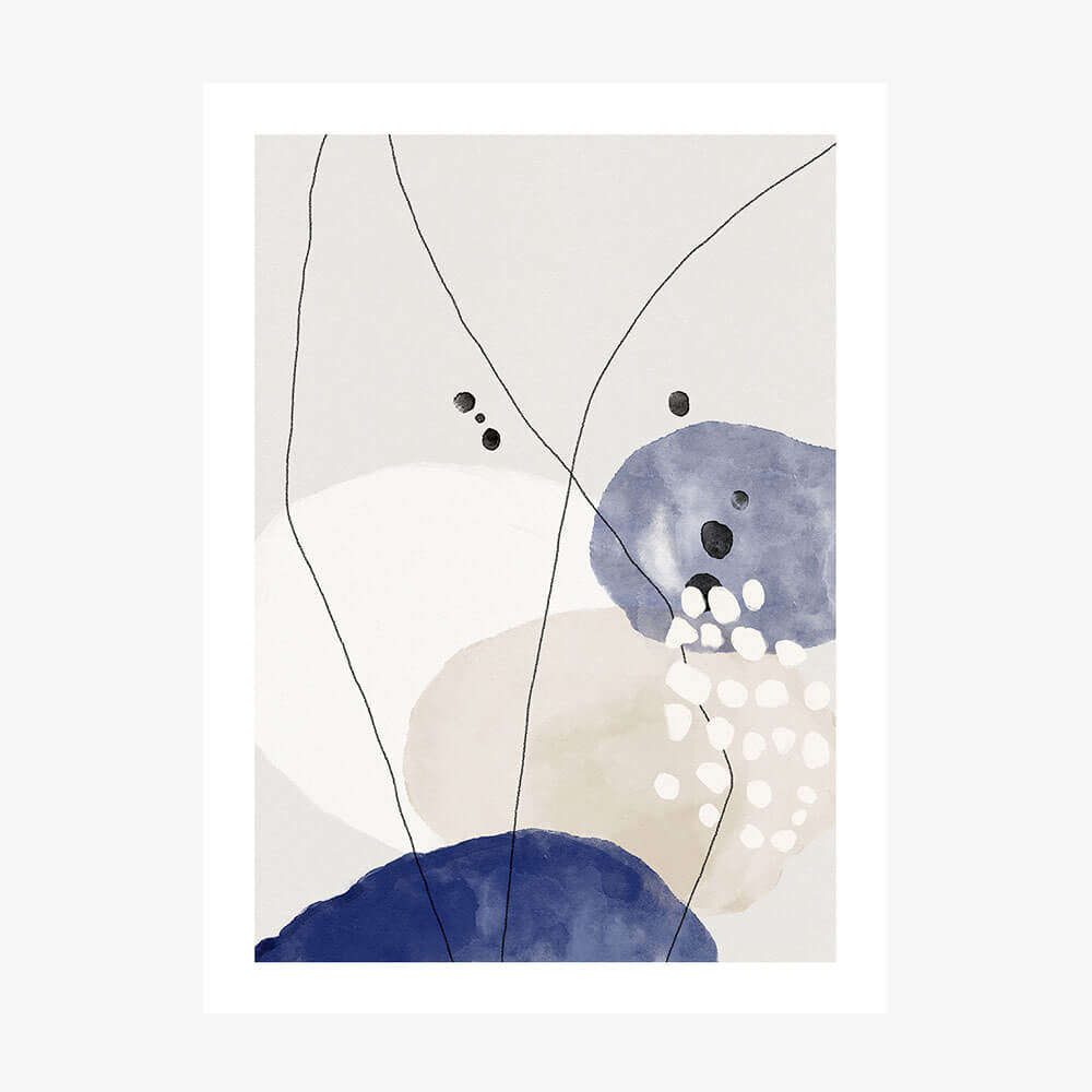 This image features an abstract art piece named "Larsen," showcasing a minimalist design with a serene and modern aesthetic. The artwork combines soft blue and white hues with delicate line work and dot details, creating a tranquil and minimalist atmosphere.