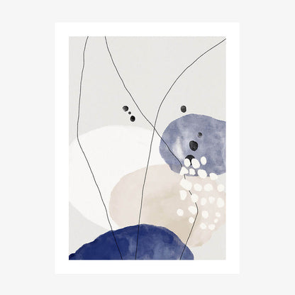 This image features an abstract art piece named "Larsen," showcasing a minimalist design with a serene and modern aesthetic. The artwork combines soft blue and white hues with delicate line work and dot details, creating a tranquil and minimalist atmosphere.