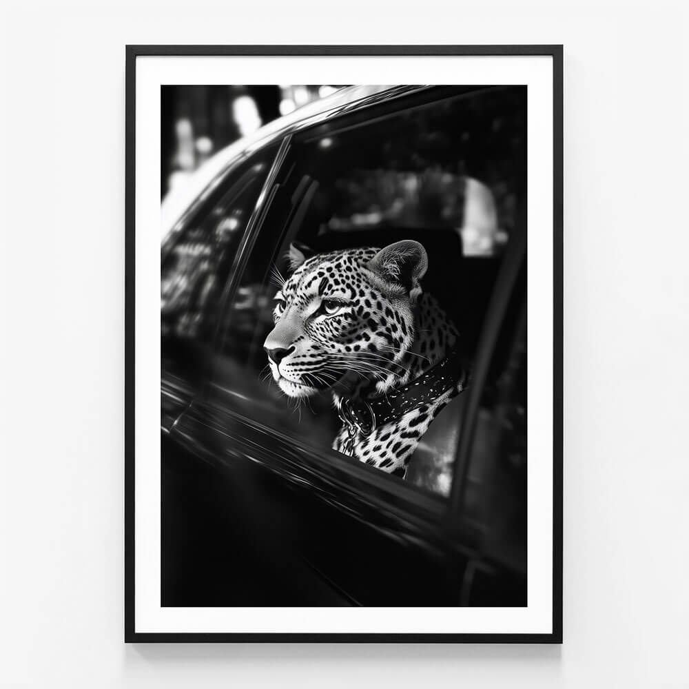 Leopard in Car wall art print in black frame