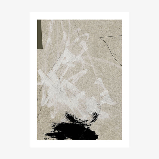 A minimalist abstract art print with large expressive brush strokes, textures and lines in neutral grey tones.