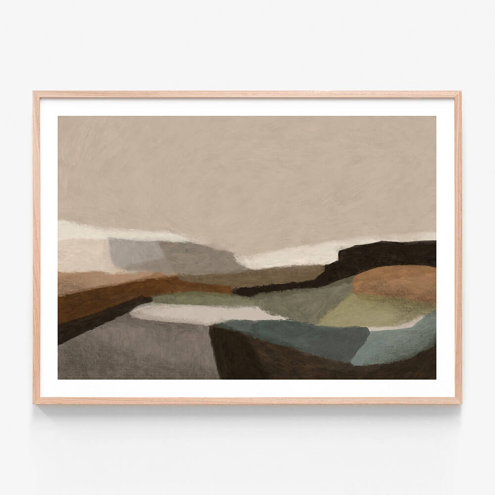 A framed art print of an abstract landscape artwork called ‘Montego'. Muted dark tones and oak framing.