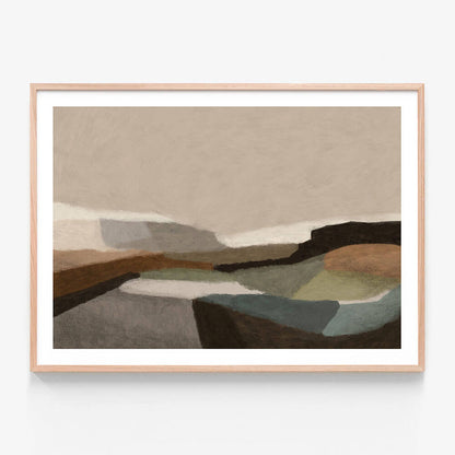 A framed art print of an abstract landscape artwork called ‘Montego'. Muted dark tones and oak framing.