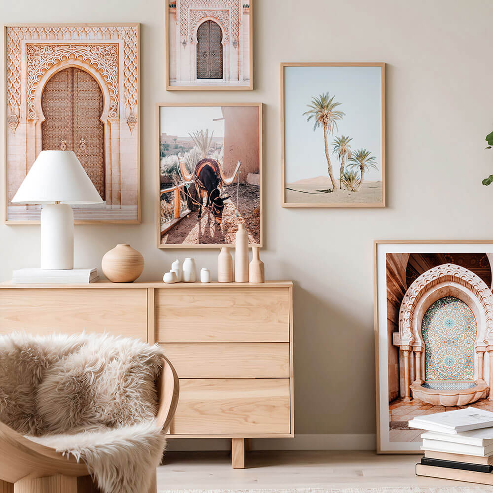 A collection of Moroccan framed prints and posters.