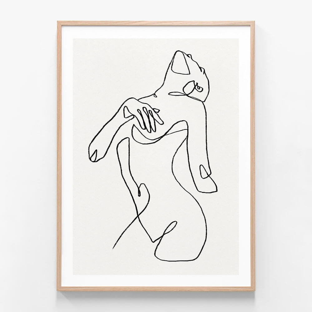 This framed art print features a minimalist line drawing titled "Natasha." The artwork captures the delicate and elegant form of a female figure in a graceful pose.