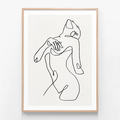 This framed art print features a minimalist line drawing titled "Natasha." The artwork captures the delicate and elegant form of a female figure in a graceful pose.