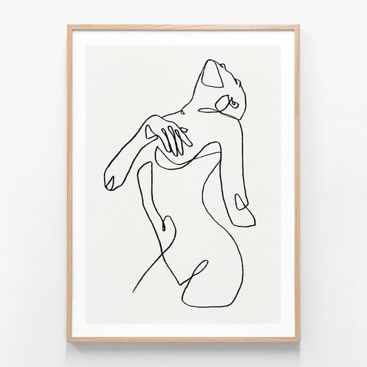 This framed art print features a minimalist line drawing titled "Natasha." The artwork captures the delicate and elegant form of a female figure in a graceful pose.