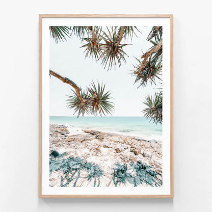 A framed art print depicting Noosa Palms with a beach and ocean in the background, predominantly in beige and blue tones.