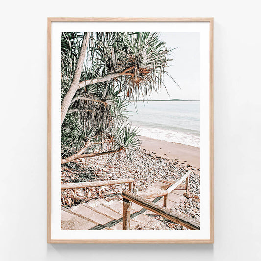 A framed photo print of a beach with steps leading down to the sand, featuring a large tree on the left and the ocean in the background. Near Noosa
