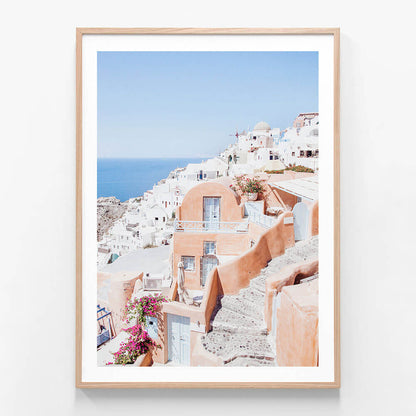Oia Afternoon wall art print in oak frame