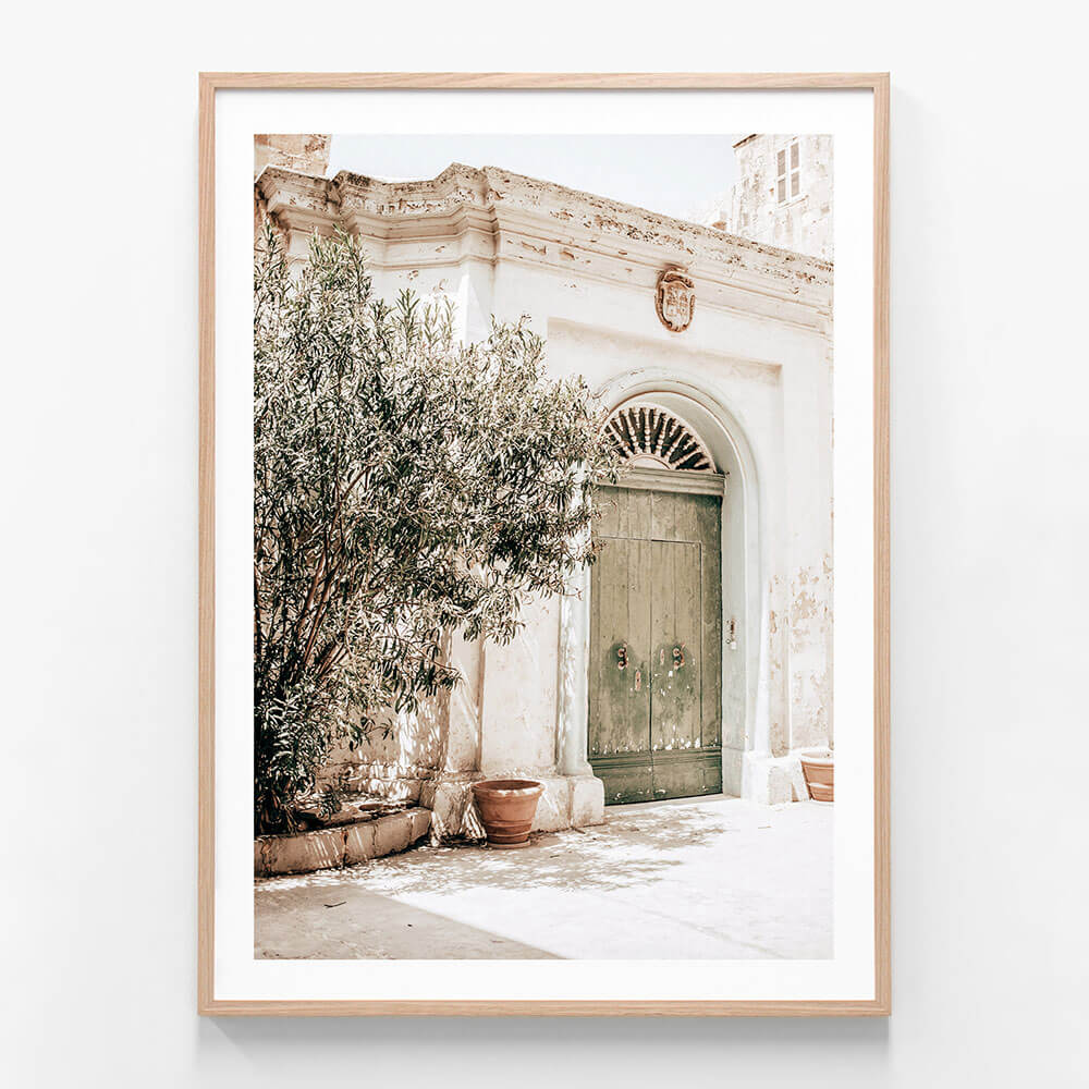 A framed photo art print of a old town street with an old door and a tree.