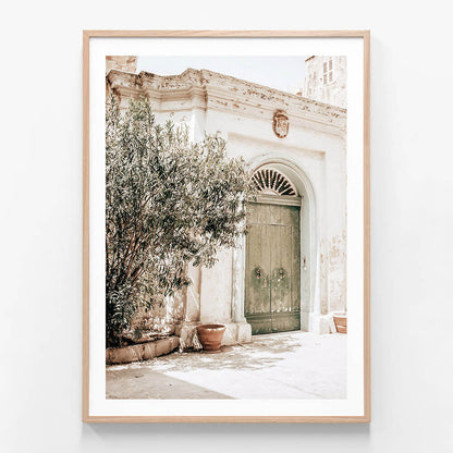 A framed photo art print of a old town street with an old door and a tree.
