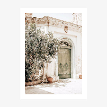 A photo poster print of a old town street with an old door and a tree.