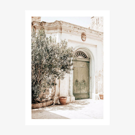 A photo poster print of a old town street with an old door and a tree.