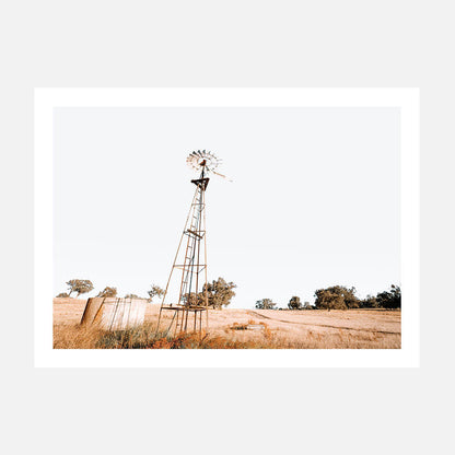 A photo art print of an old windmill in a field, with a beige and brown color palette, indicative of the Australian outbak landscape.