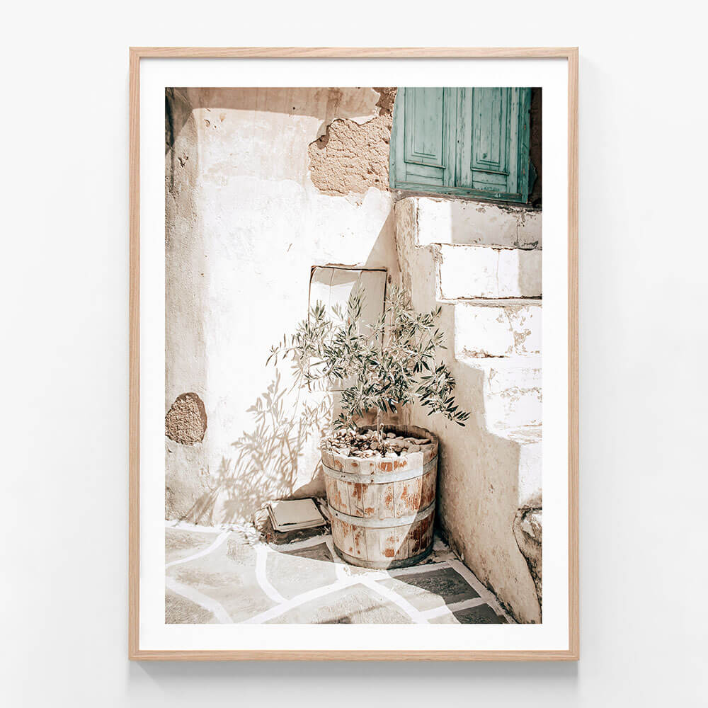 A framed wall art photo print of a pot with an olive tree in it, placed on a stone surface with a wall and a door in the background.