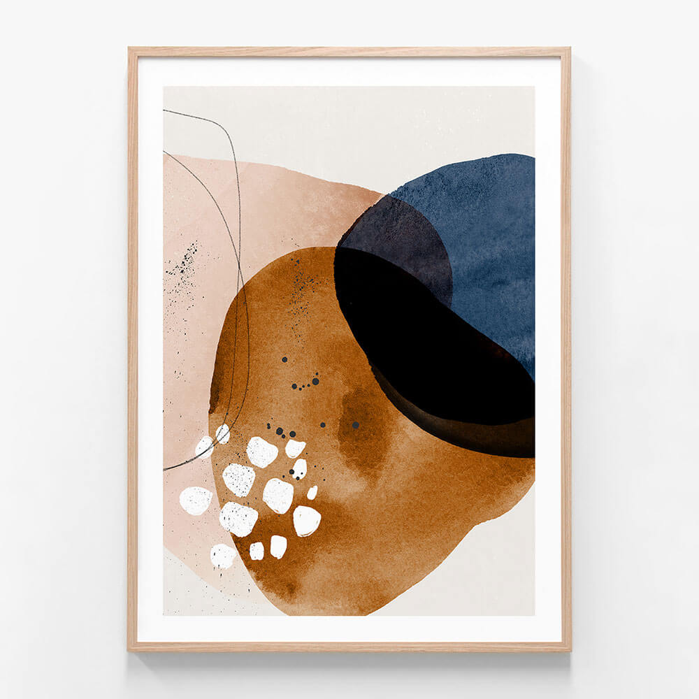 This image features an abstract art piece titled "Oslo 1". The framed artwork is characterized by a serene and minimalist aesthetic, with a predominantly earthy color palette.