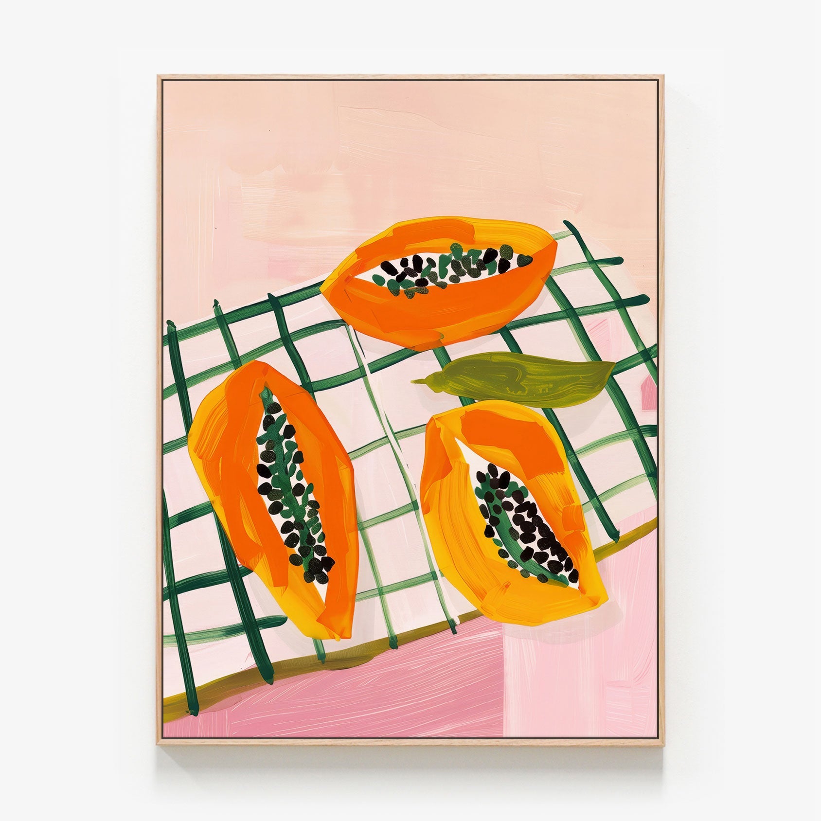 Papaya Picnic still life oak framed canvas wall art print