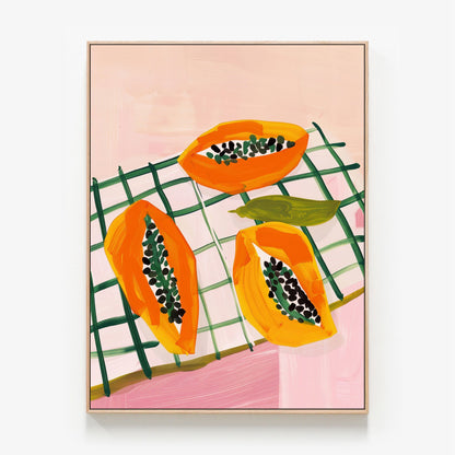 Papaya Picnic still life oak framed canvas wall art print