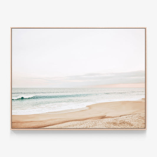 Pastel Coast Canvas wall art with oak float frame. Coastal Australian beach scene 