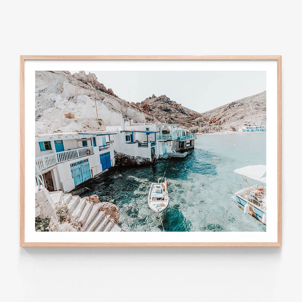 Peaceful Milos wall art print in oak frame