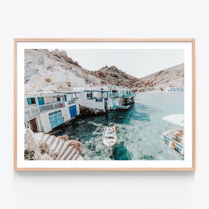 Peaceful Milos wall art print in oak frame