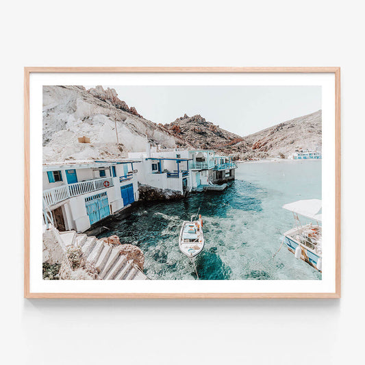 Peaceful Milos wall art print in oak frame