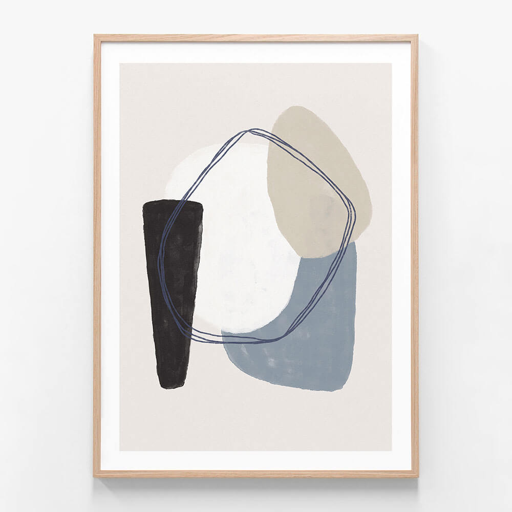 This image features a minimalist framed art piece titled "Pedersen," presented on a high-quality drawing and painting paper. The artwork is characterized by an abstract composition with bold strokes and a serene color palette.