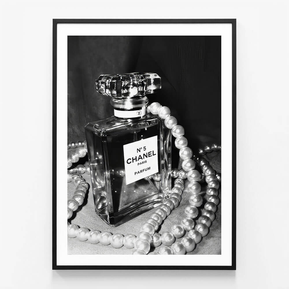 Perfume and Pearls wall art print in black frame