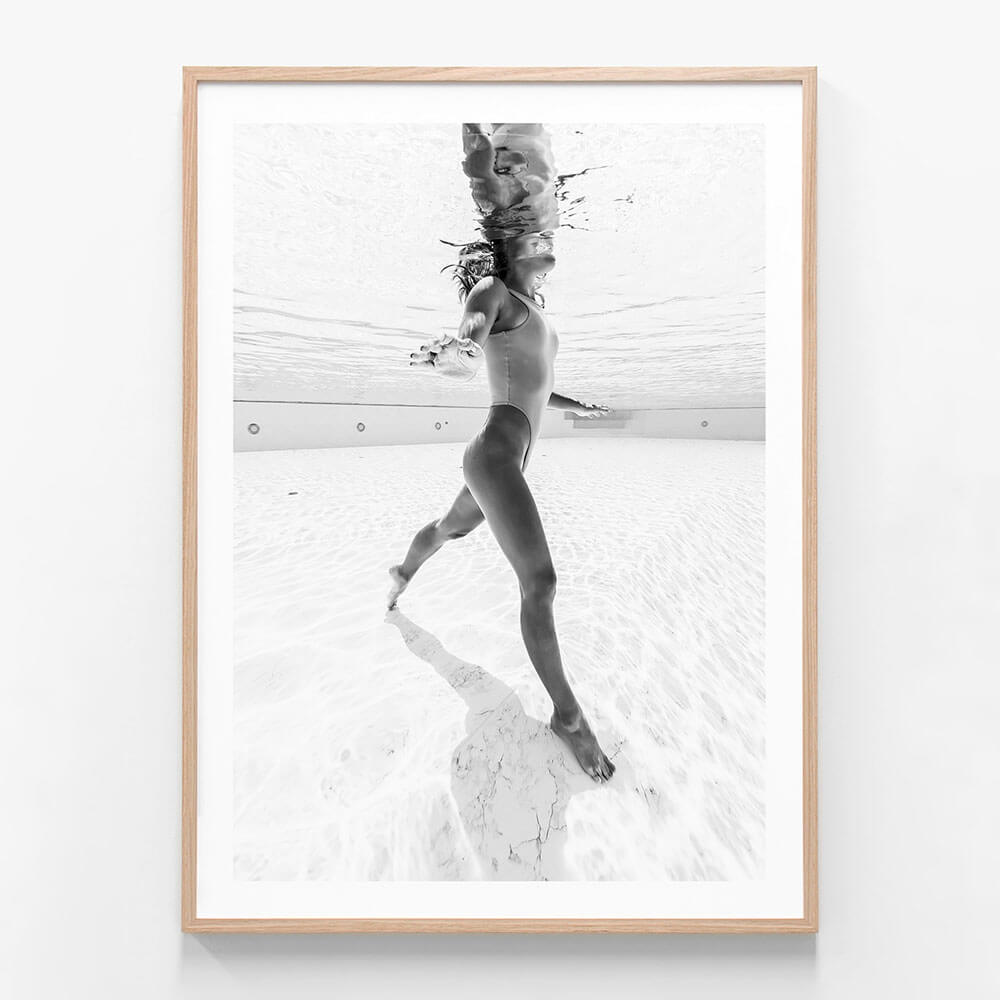 Pool Girl 2 wall art print in oak frame