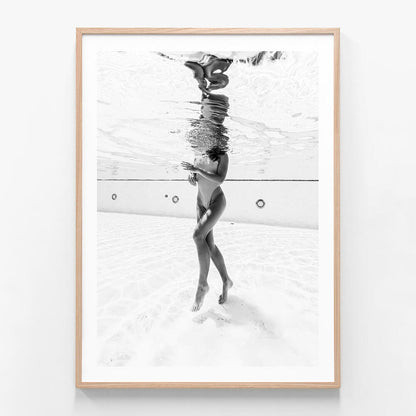 Pool Girl wall art print in oak frame