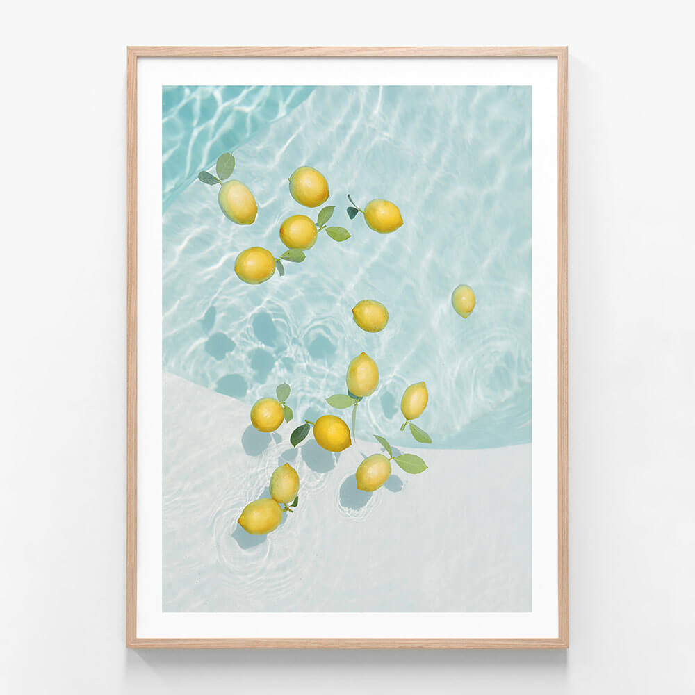 Pool Lemons wall art print in oak frame