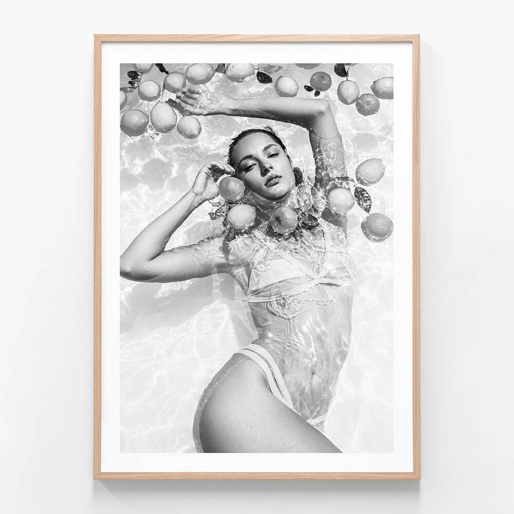 Poolside Fruits 3 wall art print in oak frame