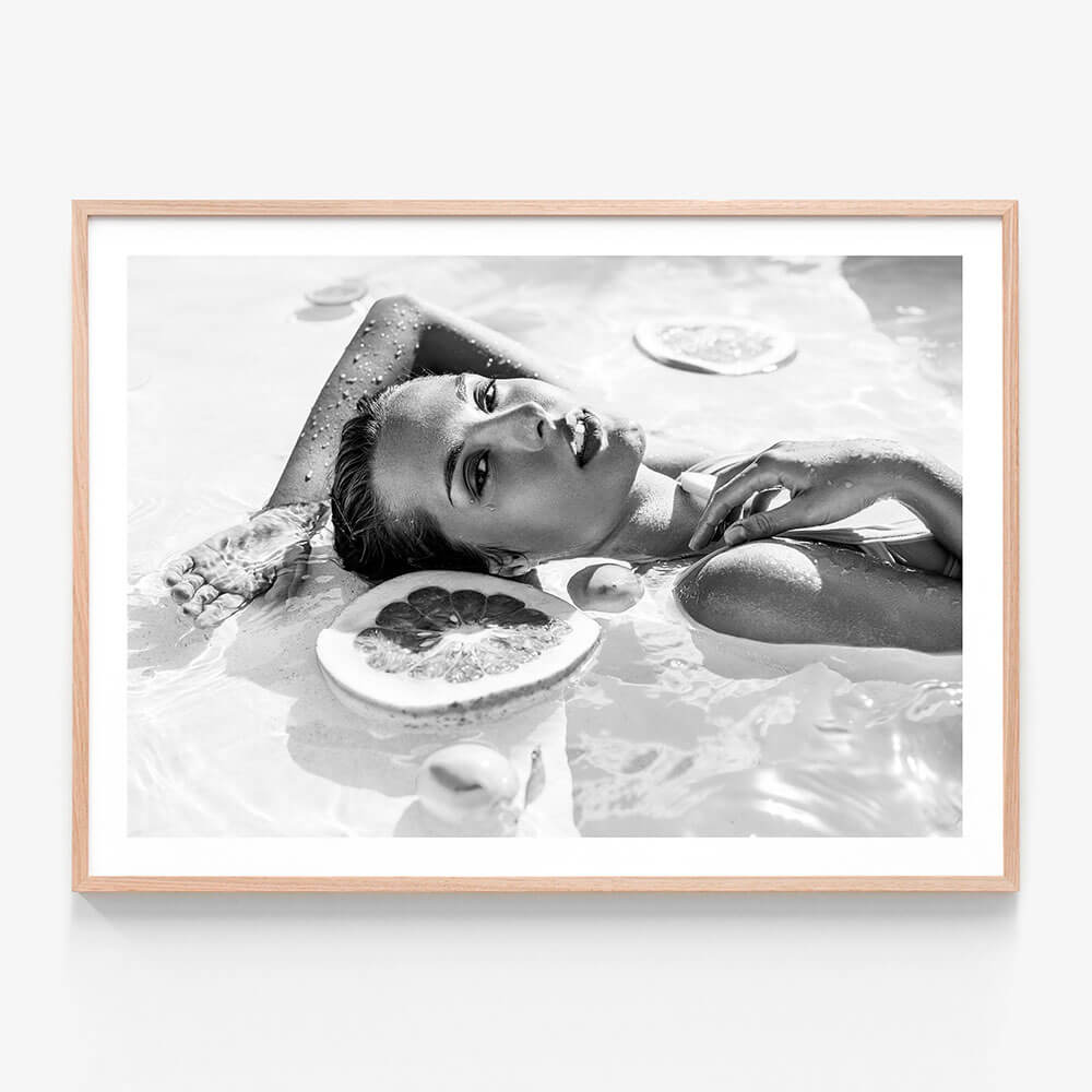 Poolside Fruits wall art print in oak frame