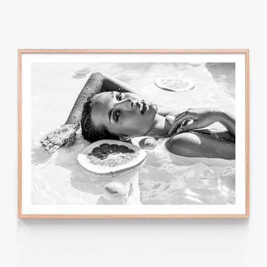 Poolside Fruits wall art print in oak frame