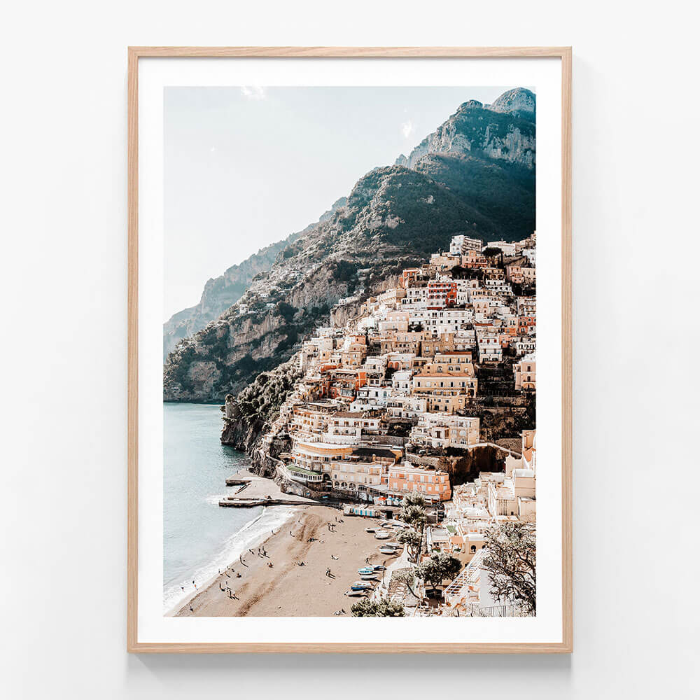Positano Cliffs wall art print in oak frame