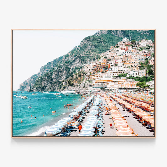 Positano Deckchairs Canvas print in oak frame