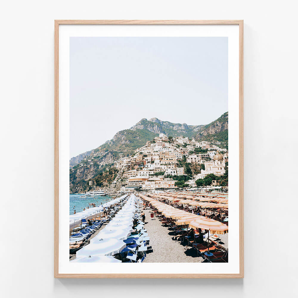 Positano Umbrellas wall art print in oak frame
