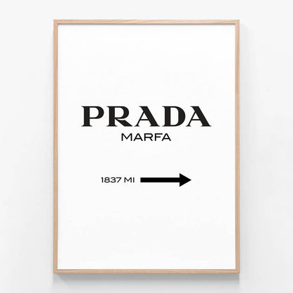 Prada Marfa 1837 Miles Art print poster in an oak frame.