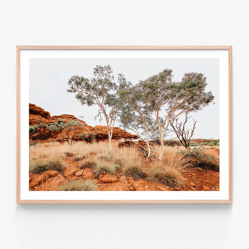 A framed wall art print featuring the Australian outback landscape with Red Iron Rocks 