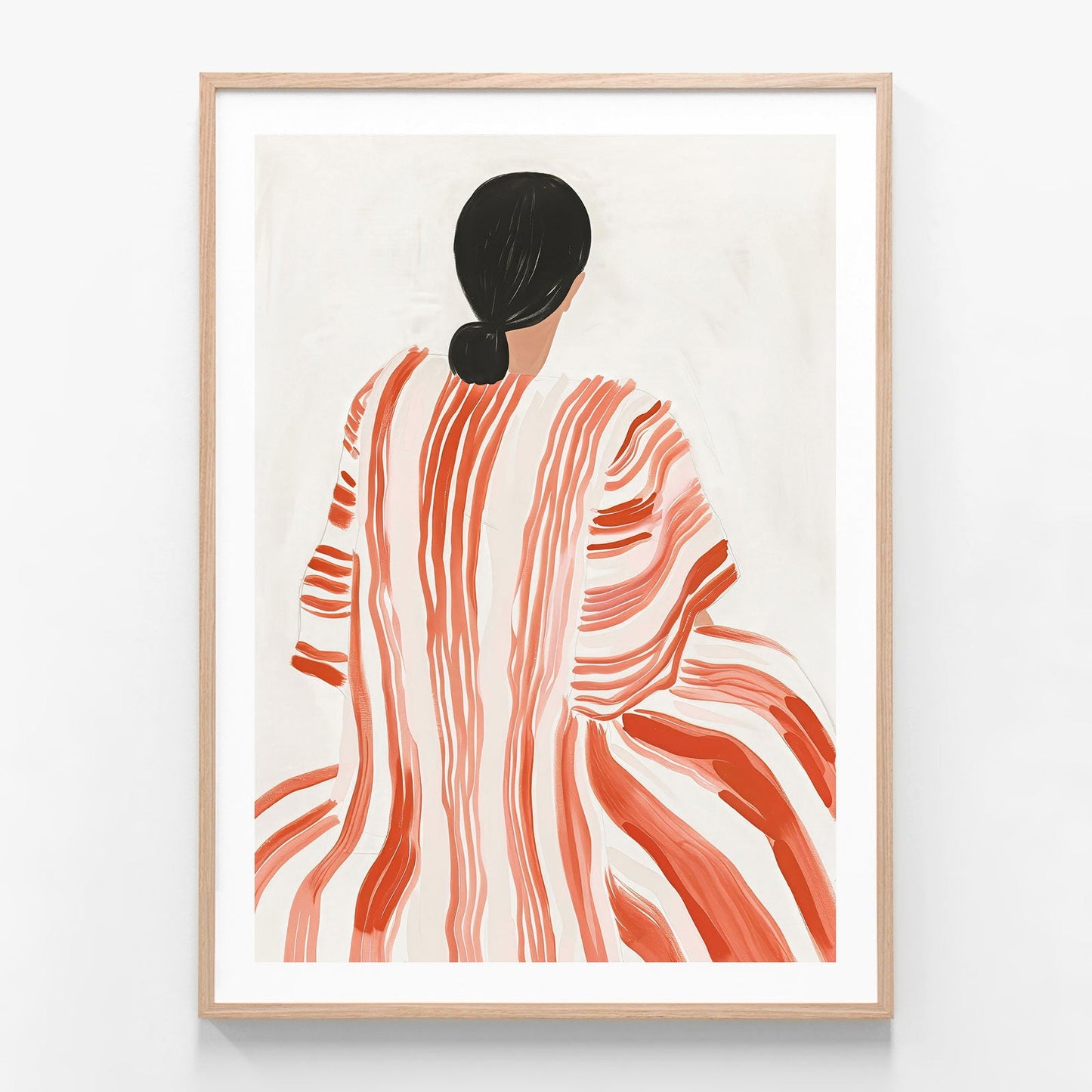 Red Striped Dress oak framed print
