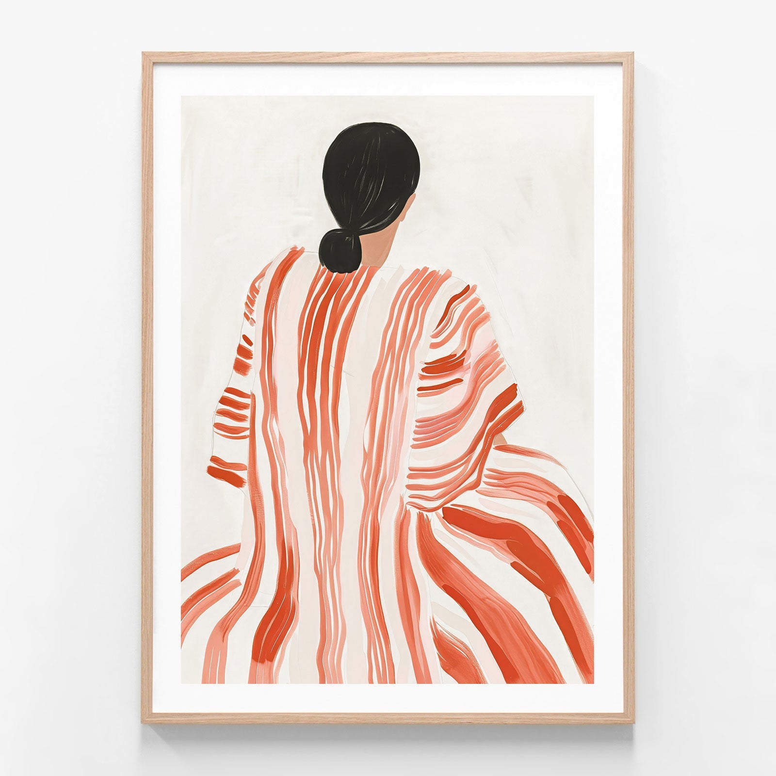 Red Striped Dress oak framed print